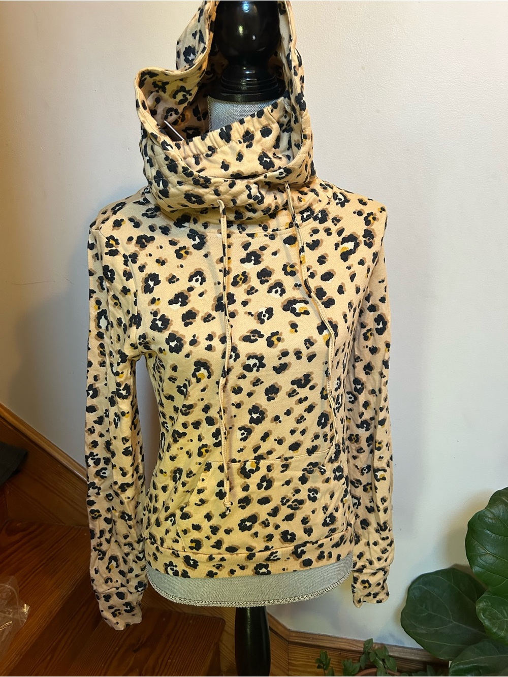 love, Fire Beige and Black Leopard Cowl Neck Hoodie